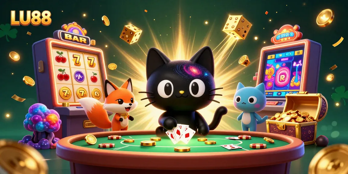 LU88 celebrates wins at a cosmic casino with a joyful black hole cat and colorful nebula fox.