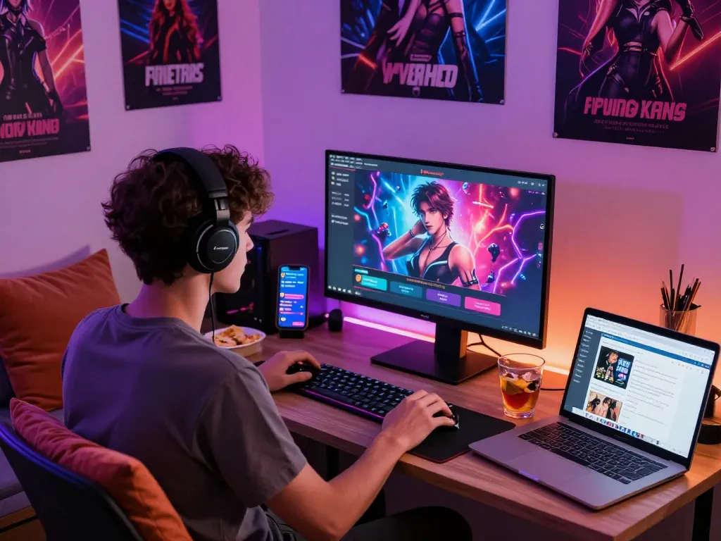 Engaged player enjoying a sex game in a cozy gaming setup illuminated by ambient lights.