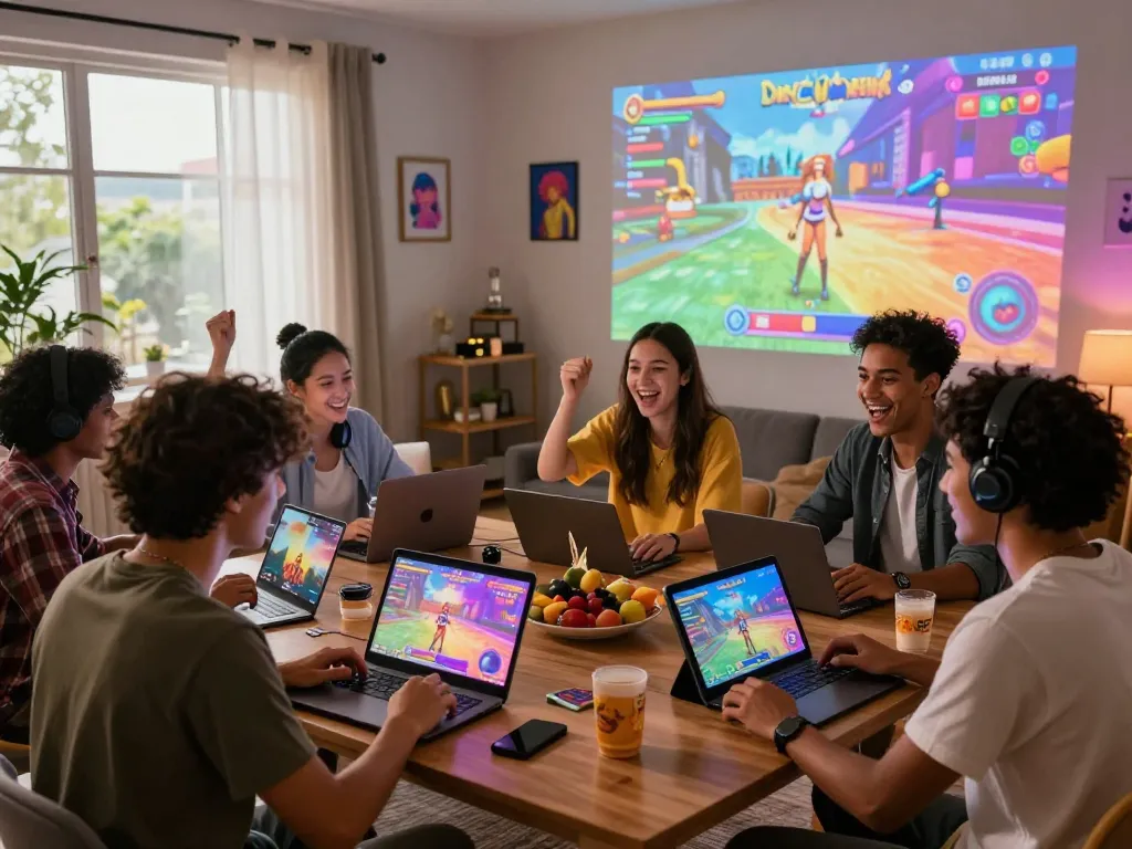 Friends enjoying engaging adult games online during a lively game night, showcasing fun and excitement.