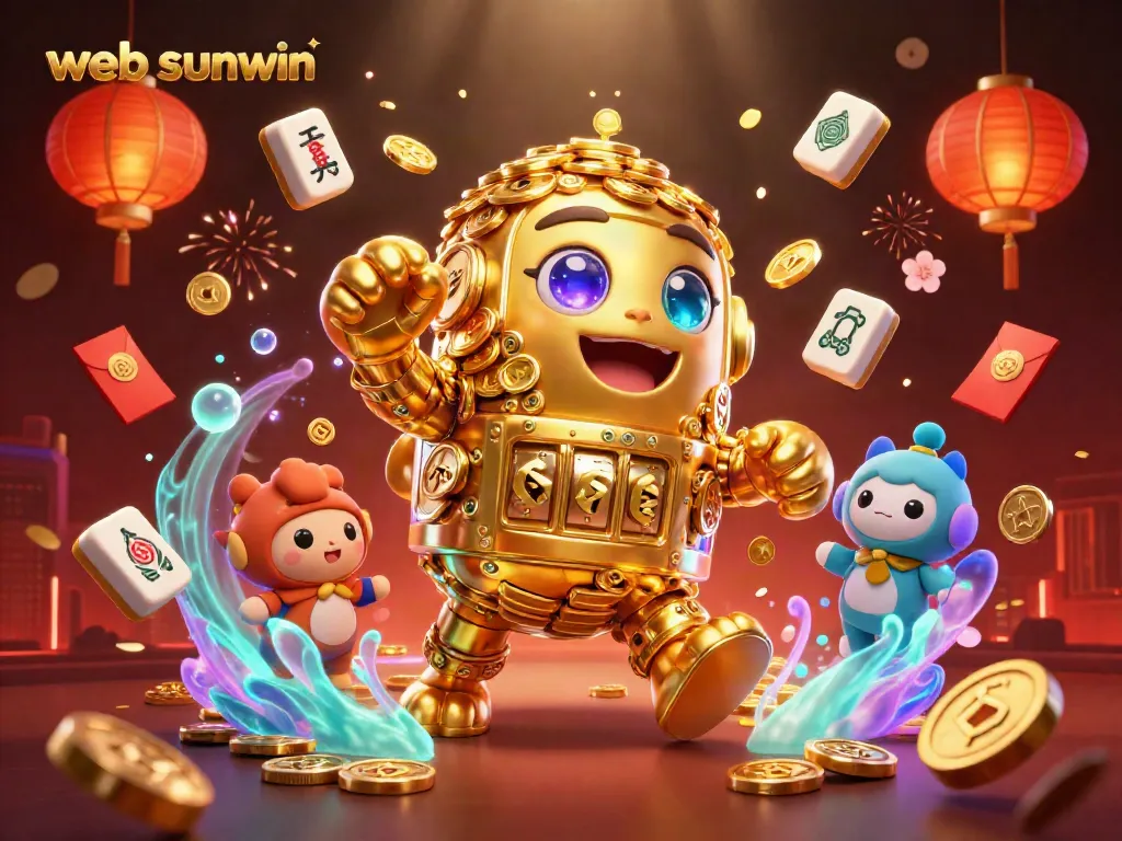 Experience thrilling gaming with web sunwin, featuring a dynamic 3D cartoon golden golem amidst casino elements.
