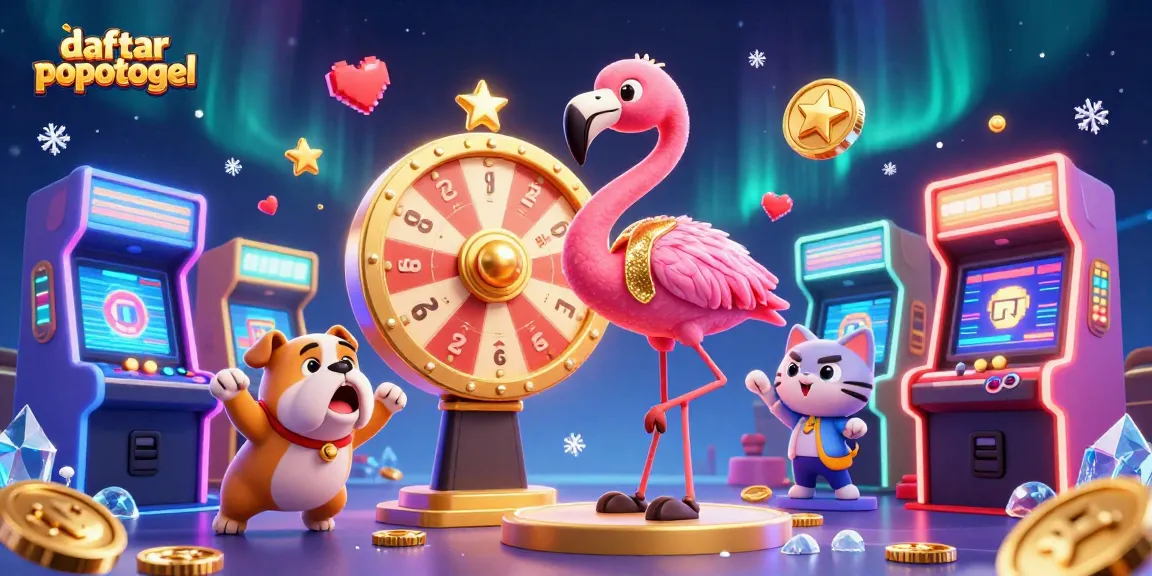 Experience the thrill of daftar popotogel with this vibrant 3D casino illustration featuring a dynamic game show host, bulldog contestant, and prize reveals.