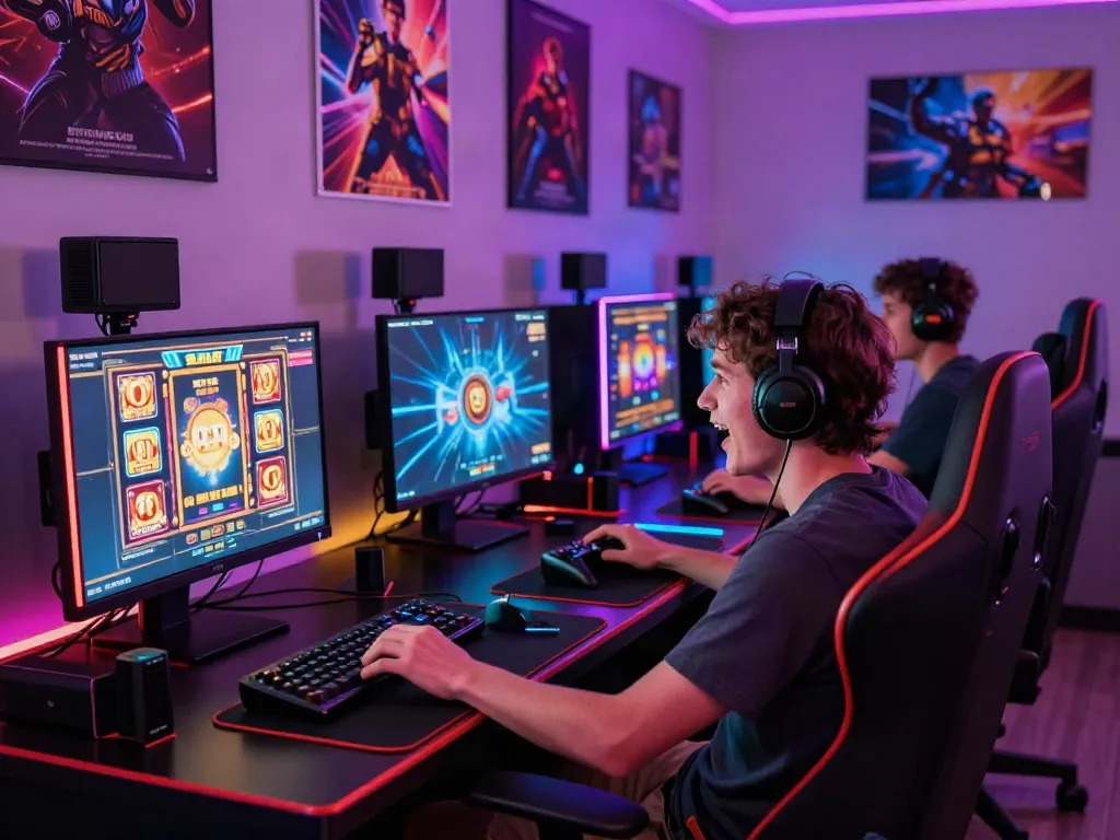 A person enjoying akunjp gaming on a high-end setup with vibrant lighting.