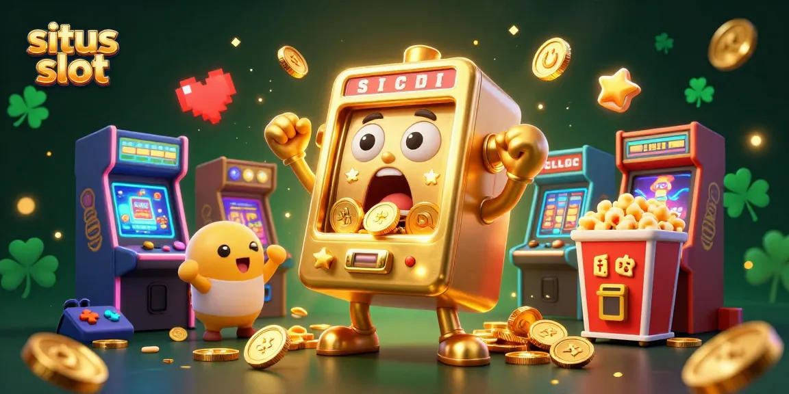 Situs slot menghadirkan mesin slot emas yang terkejut saat mendapatkan jackpot, dikelilingi oleh mesin lain dan popcorn emas.
