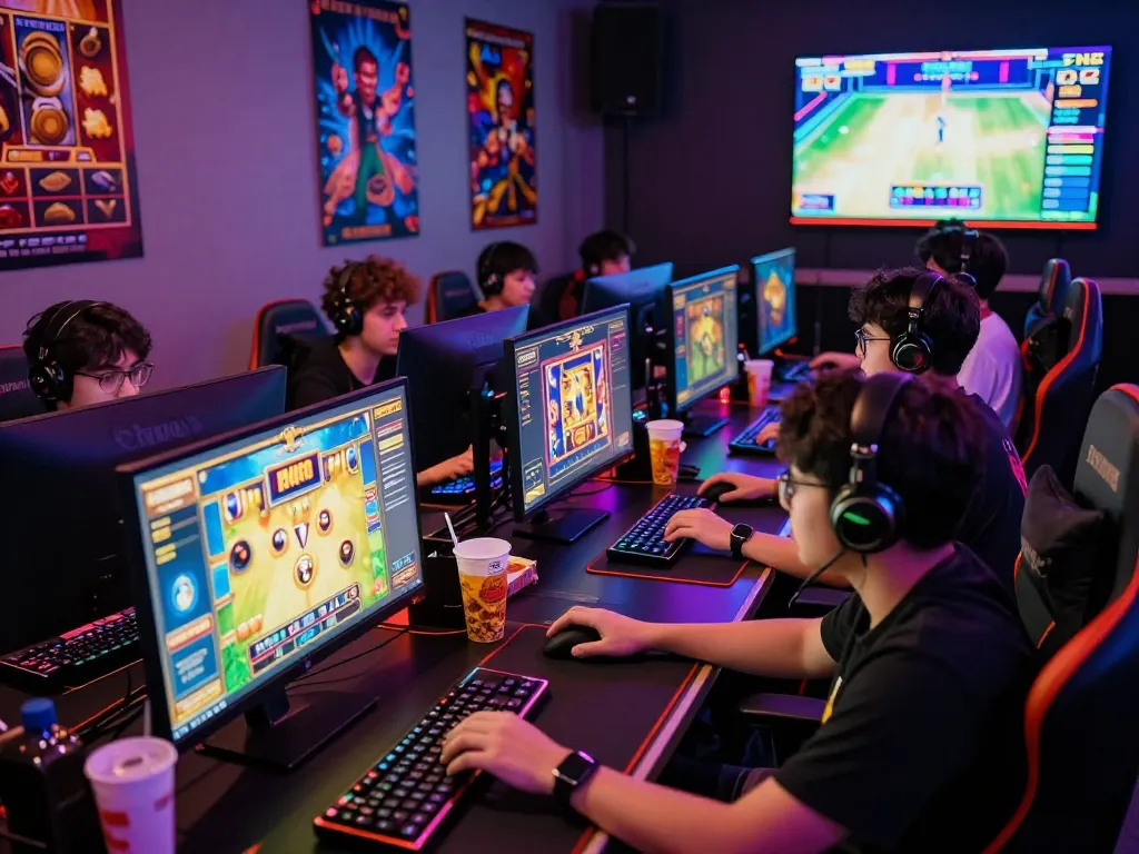 Players engaging with slot gacor games in a dynamic online gaming setting, showcasing excitement and vibrant atmosphere.