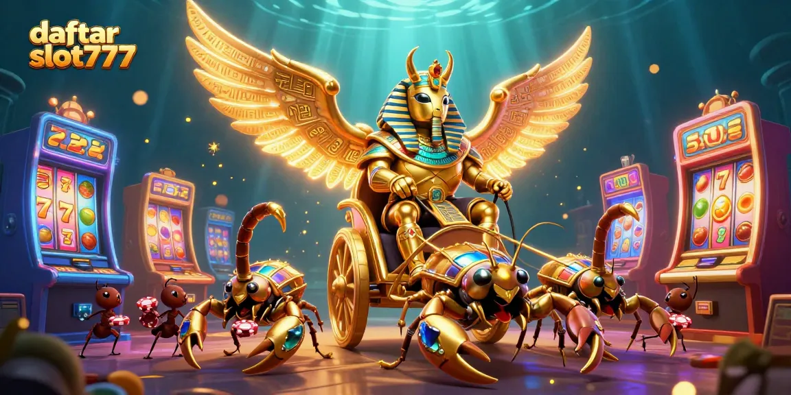 Engage with daftar slot777 as you explore a dynamic scene of slot machines and vibrant characters.