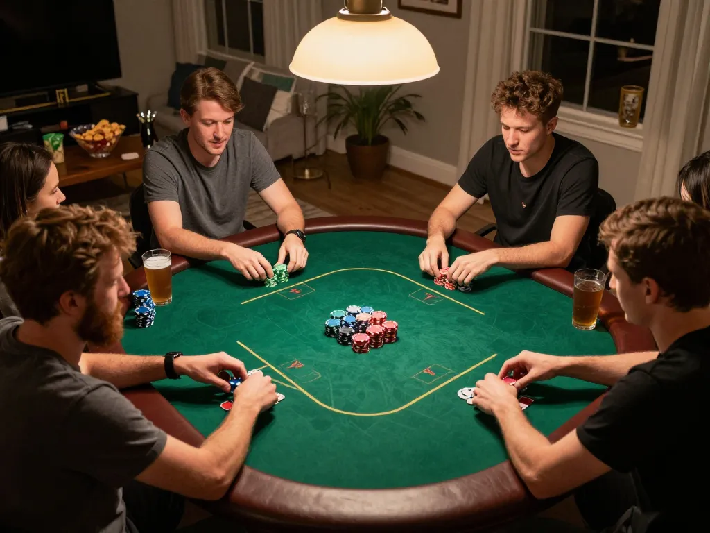Malam poker dengan teman-teman di rumah menampilkan permainan strategis dan kegembiraan di meja dengan elemen popsplacebarandgrill.