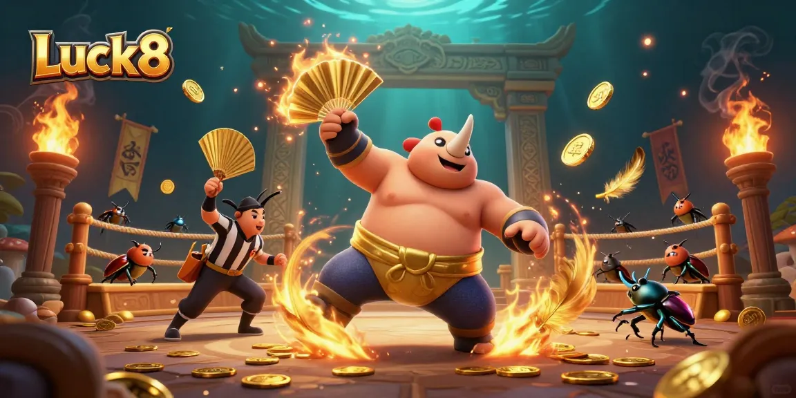 Experience Luck8's thrilling online casino excitement with a 3D illustration of a sumo champion beetle.