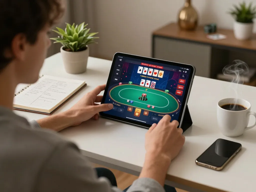 Experience engaging poker gameplay at home with 99win com on tablet surrounded by strategy notes.