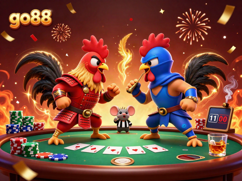 Engage with go88’s thrilling online gaming scene featuring dynamic roosters in dramatic standoff.