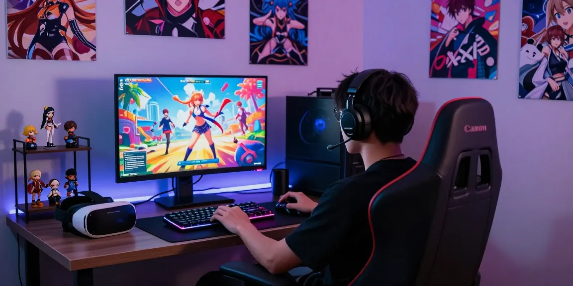 Immersive gaming setup featuring a hentai game on screen with vibrant colors and cozy atmosphere.