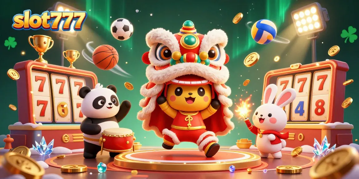 Experience winning excitement with slot777 slot reels spinning beside festive lion dance characters.