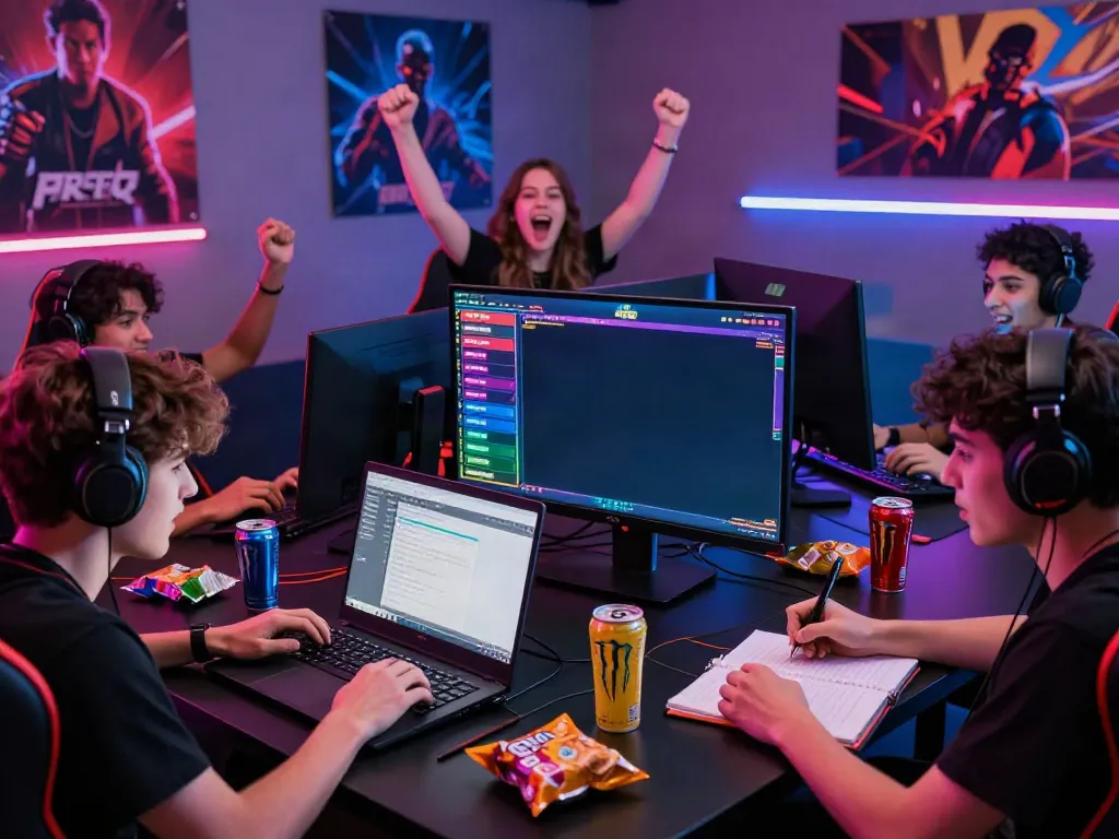 The lively atmosphere of online gaming featuring players immersed in strategy and excitement around bright screens, showcasing akunjp as the center of attention.