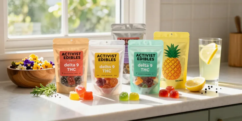 Activist Edibles gummy treats showcasing premium infused flavors and natural ingredients on a sunny kitchen counter.