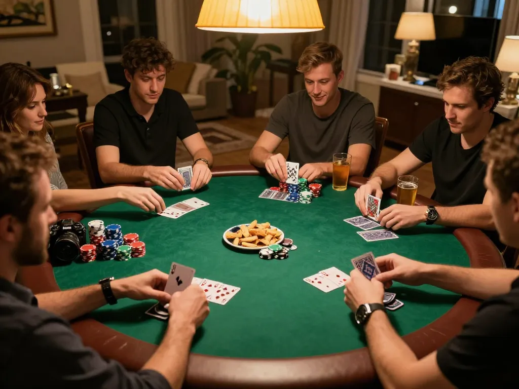 Max88 players enjoying a strategic poker game at home, revealing community cards in an engaging atmosphere.
