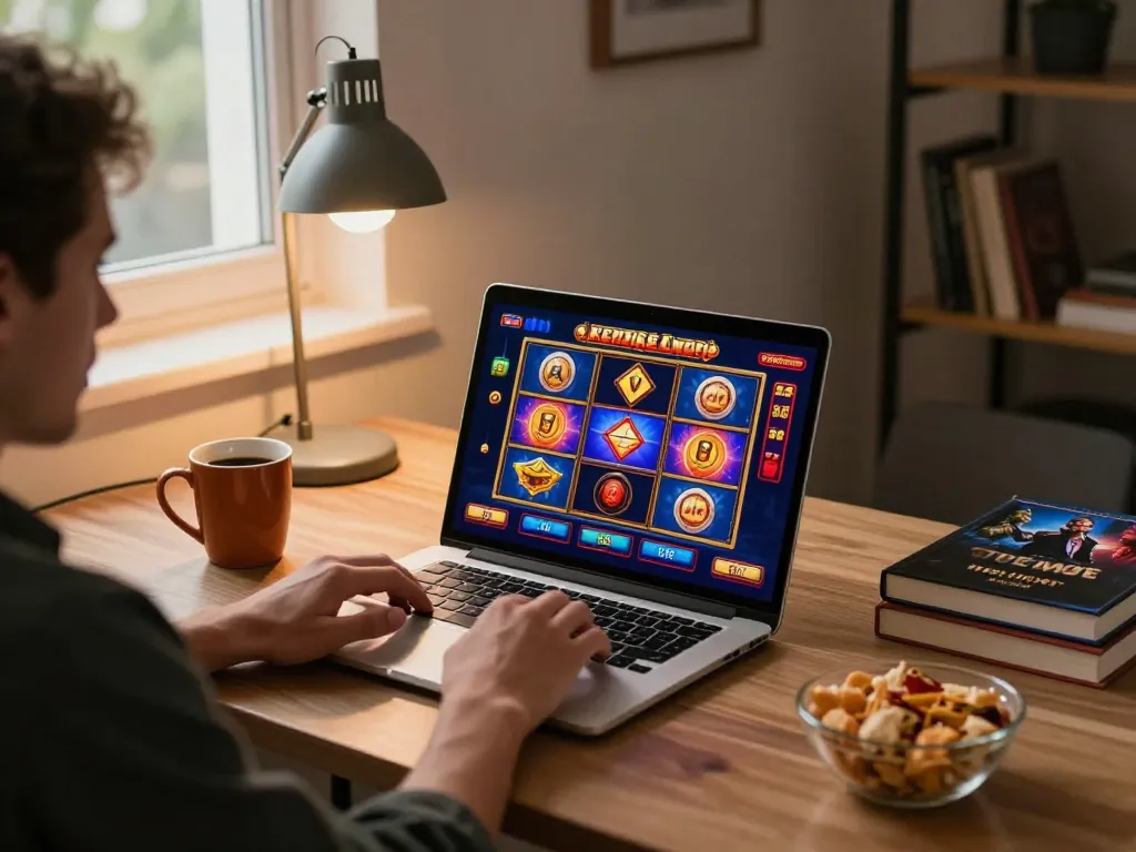 Wstar77 player spins the reels in an online slot game, enjoying a cozy home gaming experience with snacks and a laptop.
