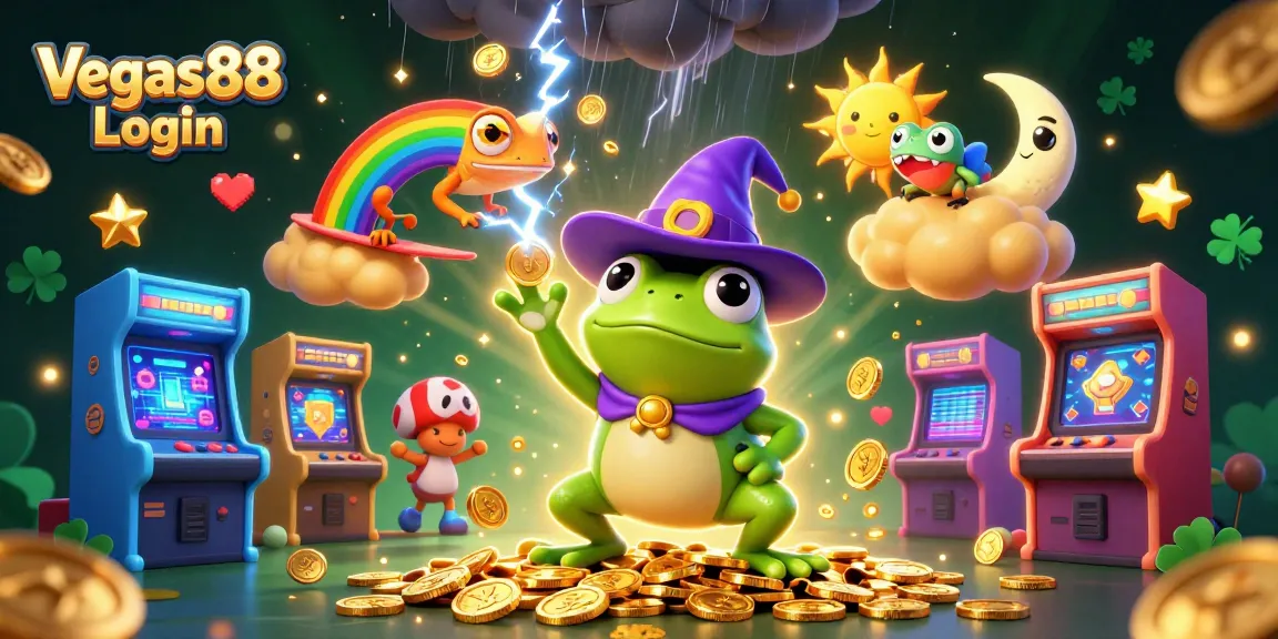Experience the thrilling Vegas88 Login with a magical scene of a wizard frog and chameleon amidst golden coins.