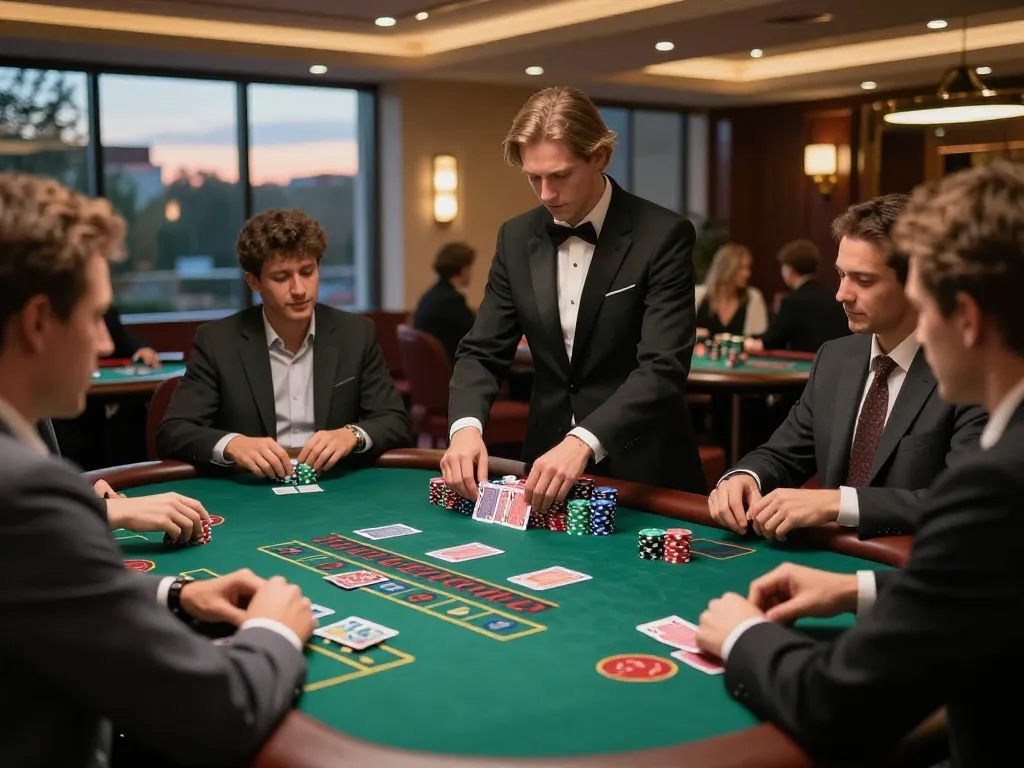 TT88 players strategizing before making bets at a live dealer blackjack table in a luxurious casino.