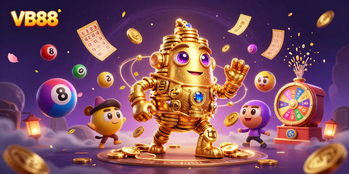 Engage in exciting casino action with the VB88 golem, surrounded by lottery balls and dynamic prize elements.