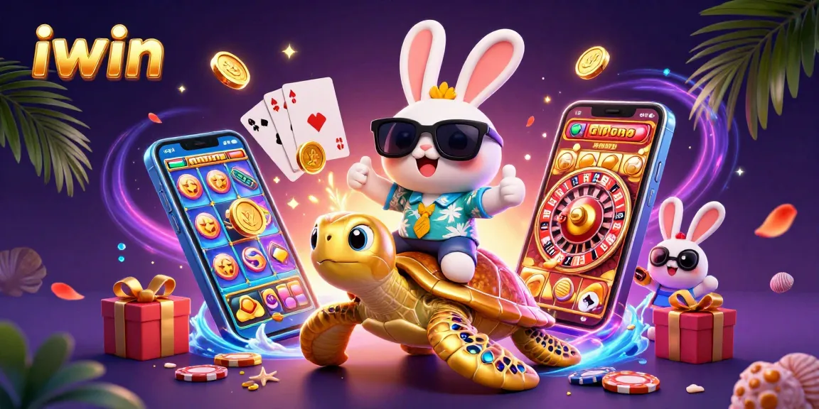 Experience iwin excitement with a lucky rabbit and golden turtle in a vibrant casino scene.