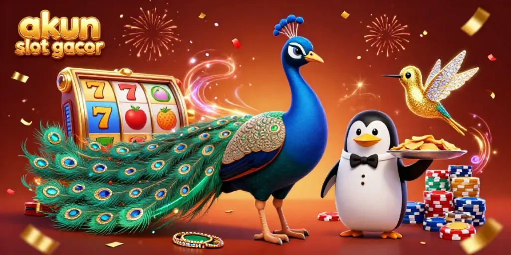 Experience the thrill of akun slot gacor with a vibrant 3D casino scene featuring a peacock, penguin, and hummingbird.