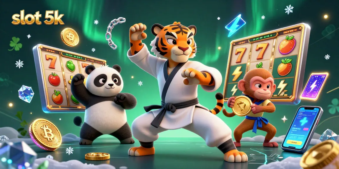 Experience the thrill of slot 5k with this vibrant, dynamic casino illustration featuring playful characters.