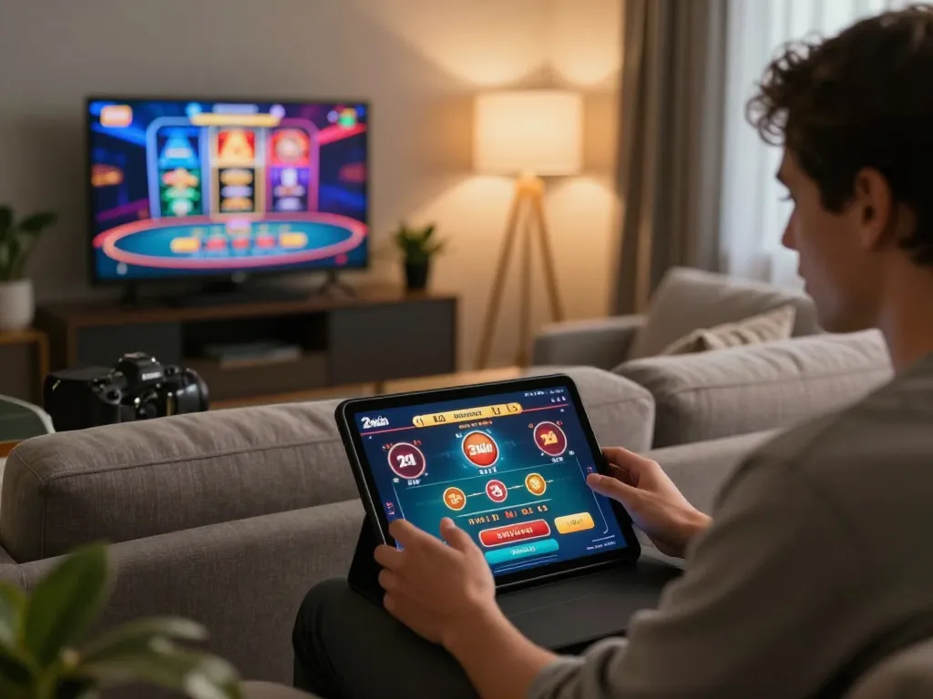 Player engaging with 23win online casino on tablet in a cozy living room setting.