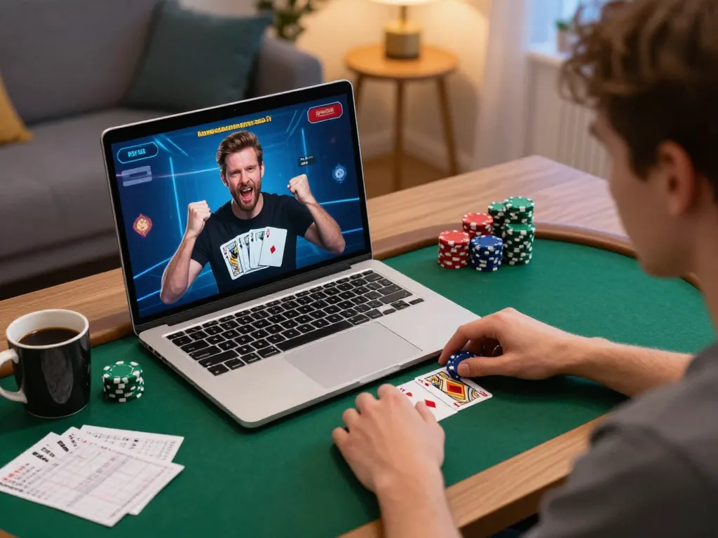 HM88 poker gameplay in a cozy home office with engaging online display and strategic notes.