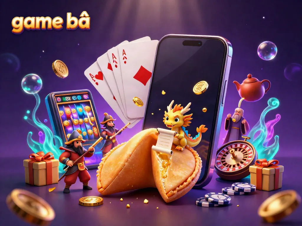 Experience the excitement of game bài with a whimsical scene featuring a golden fortune cookie and a wise dragon.
