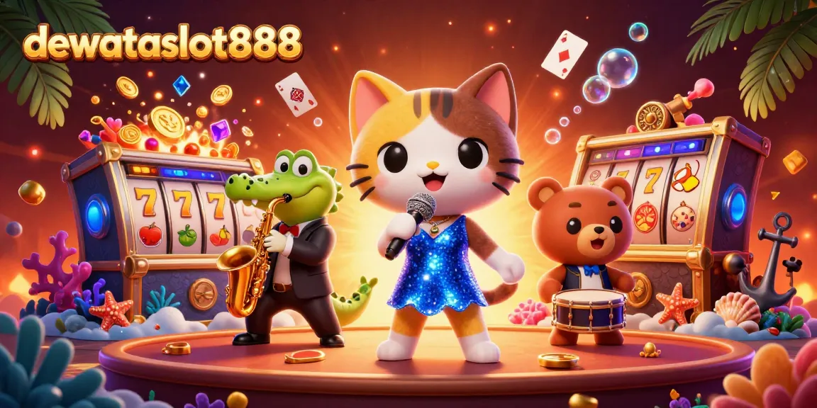 Permainan seru di dewataslot888, menampilkan karakter kartun di panggung kasino dengan slot dan simbol keberuntungan.