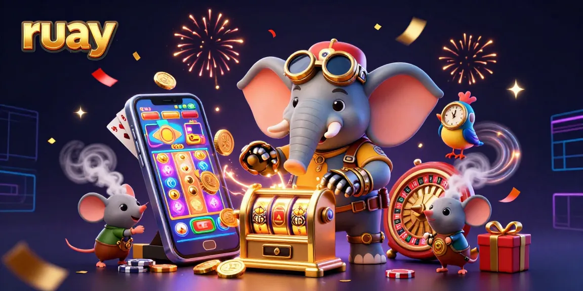 เล่นเกมสล็อตที่น่าตื่นเต้นบน ruay กับตัวละคร 3D ที่ทำงานอยู่ในเครื่องสล็อตทองคำที่สดใสท่ามกลางบรรยากาศคาสิโนที่มีสีสัน