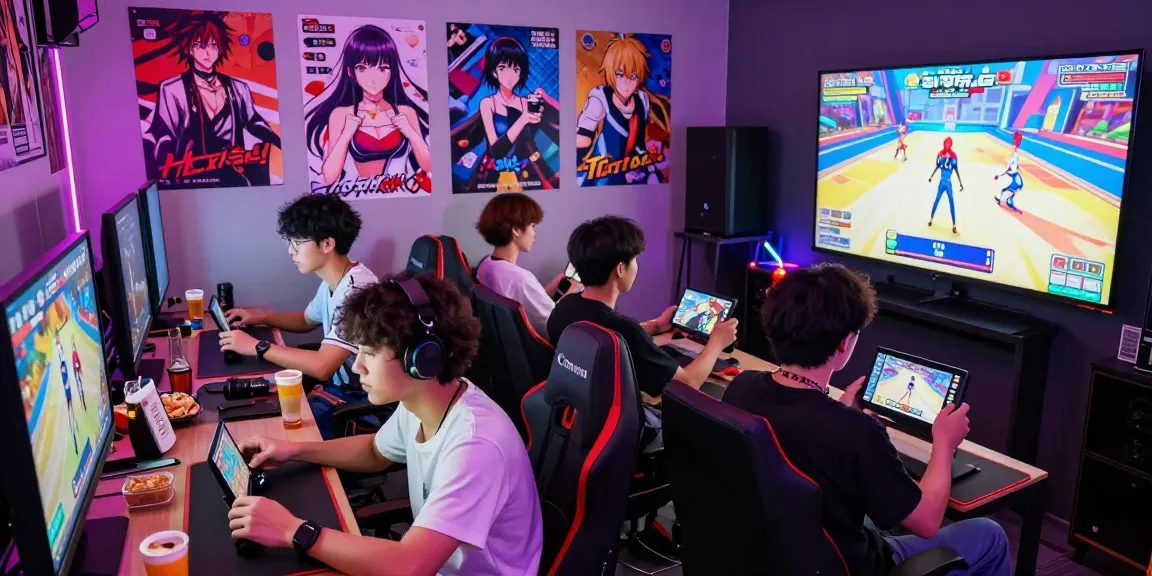 Group enjoying ecchi games together in vibrant gaming room.