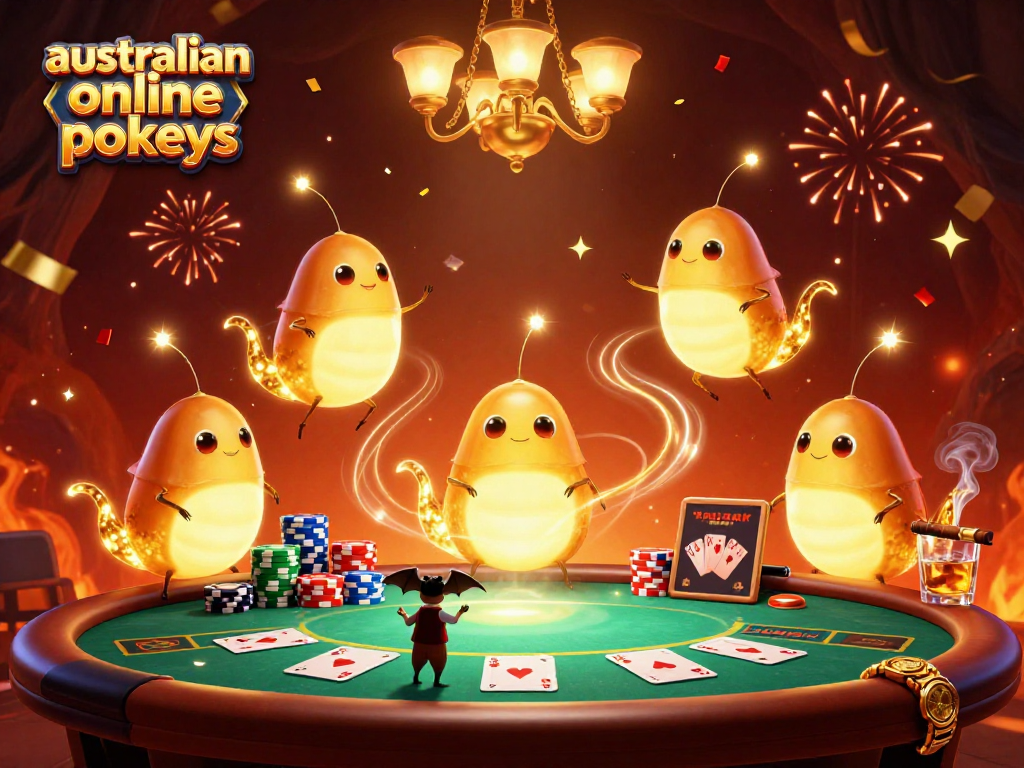 Play engaging australian online pokies in this vibrant casino scene with animated glowworms.
