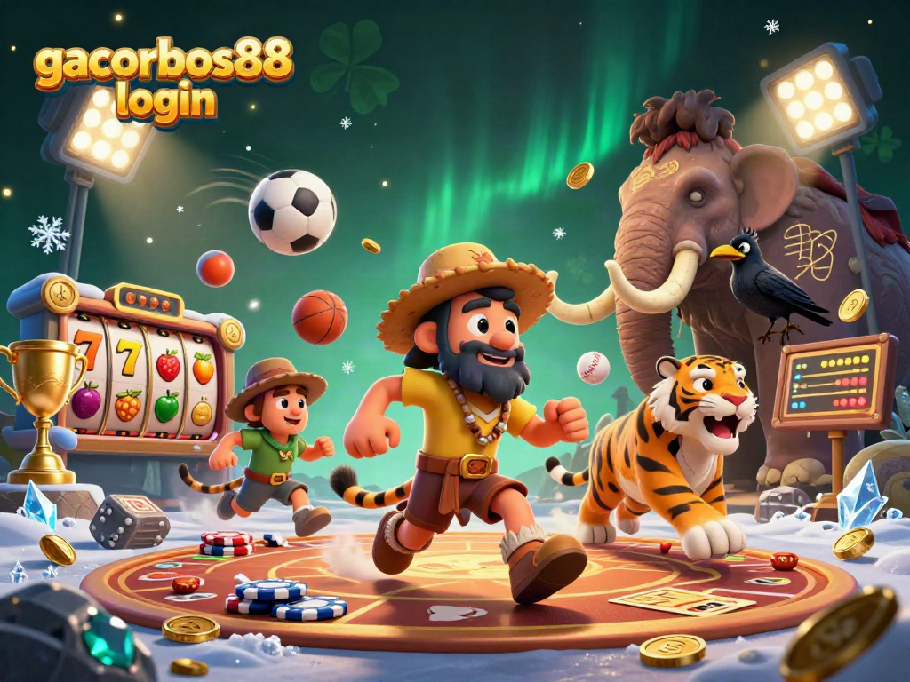 Experience the excitement of gacorbos88 login with a dynamic 3D illustration of a prehistoric casino scene featuring playful characters and gaming elements.