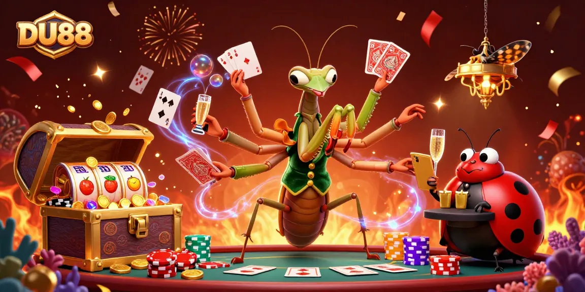 DU88 casino characters dealing cards and overflowing with treasures in a vibrant gaming atmosphere