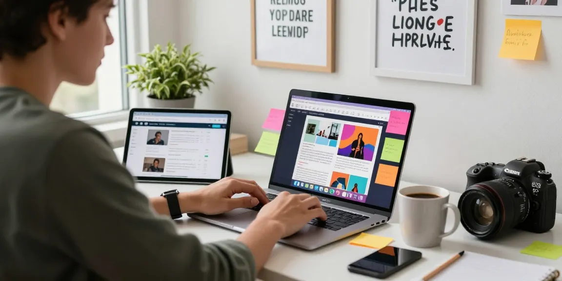 Content creator immersed in writing vivid articles, illustrating the concept of baca selengkapnya in a vibrant workspace.