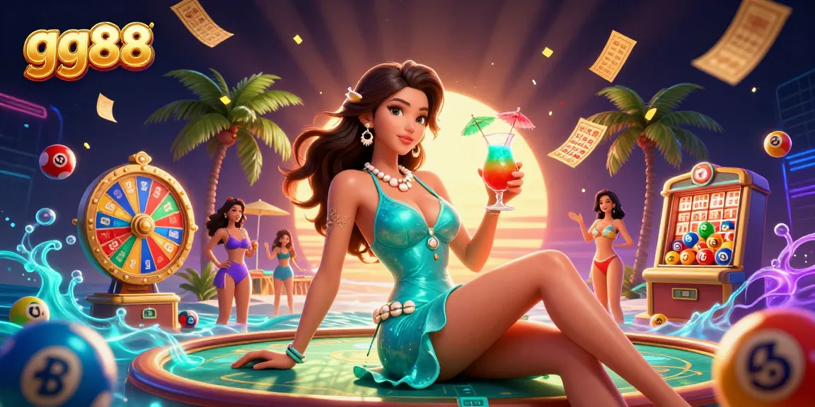 Win big with GG88 in this vibrant casino resort scene featuring a glamorous tropical theme.