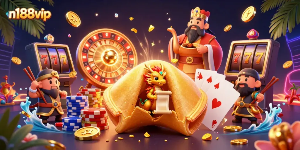 Experience n188vip's exciting jackpot thrills with a giant fortune cookie and 3D characters amidst flying coins.