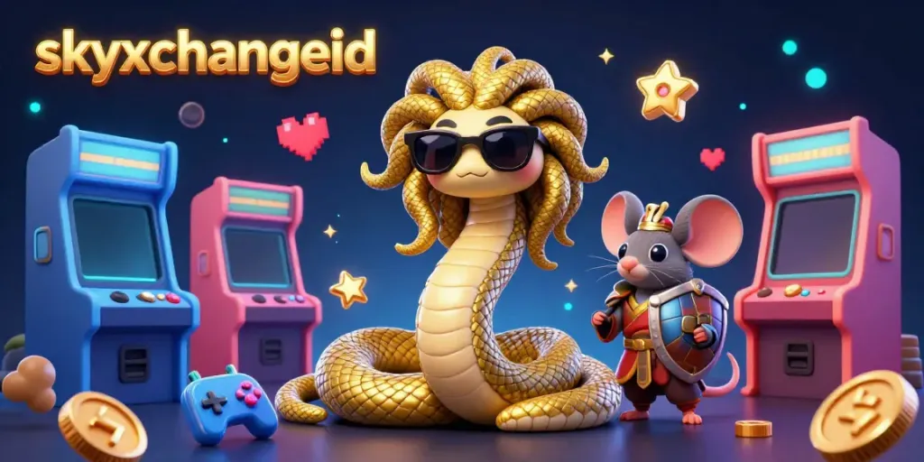 Engage with exciting gaming action on skyxchangeid featuring a friendly Medusa, a warrior mouse, and arcade elements.