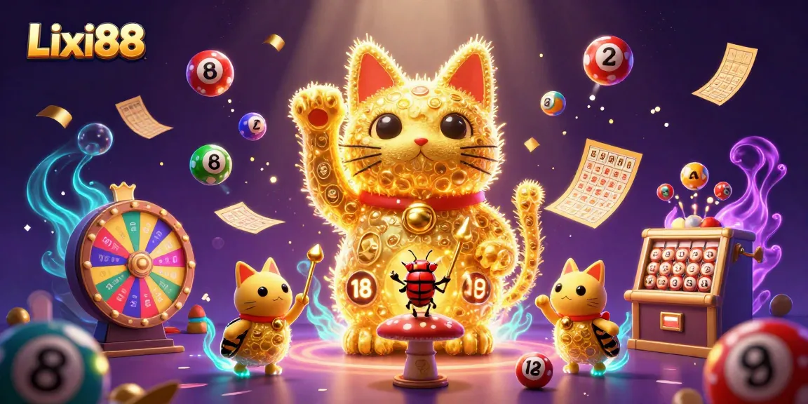 Lixi88 brings excitement to players with vibrant lottery balls and a lucky cat illustration.