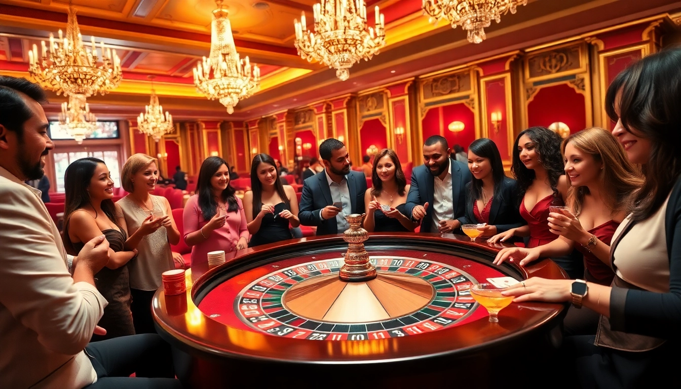 Casino players enjoying a roulette game with vibrant atmosphere and luxurious setting.