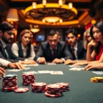 Experience an exciting poker game with players focused on their strategy at a casino table.