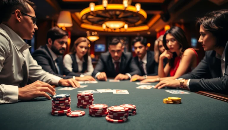 Experience an exciting poker game with players focused on their strategy at a casino table.