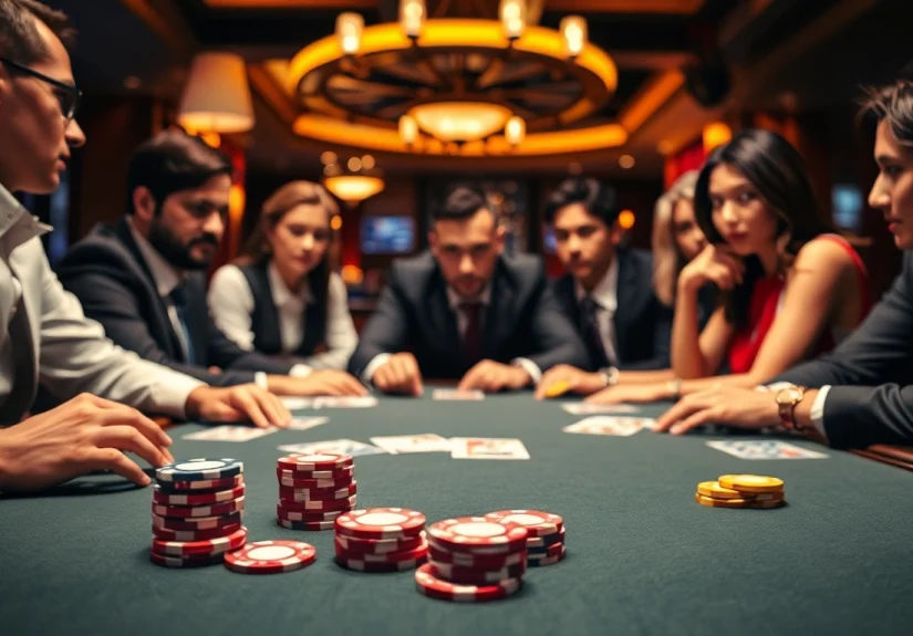 Experience an exciting poker game with players focused on their strategy at a casino table.