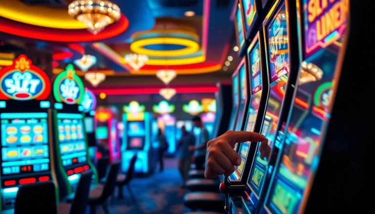 Menangkan Slot Game dengan mesin slot berwarna-warni di lingkungan kasino modern.