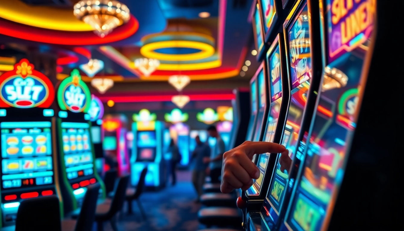 Menangkan Slot Game dengan mesin slot berwarna-warni di lingkungan kasino modern.