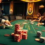 Engaging Blackjack Casino scene with players enjoying a thrilling game at an elegant table.