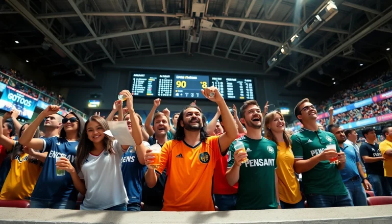Fans engaged in sports betting cheering at a stadium event with vibrant energy.