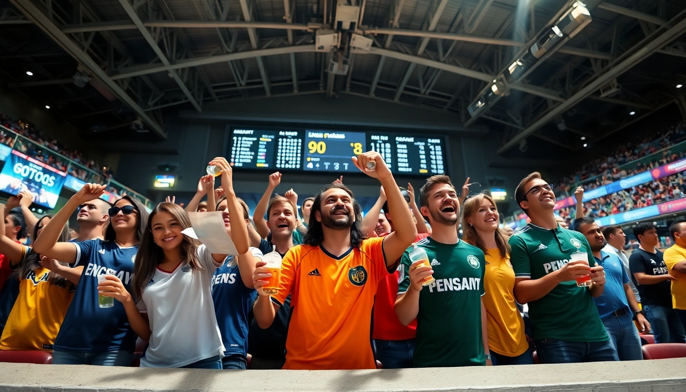 Fans engaged in sports betting cheering at a stadium event with vibrant energy.