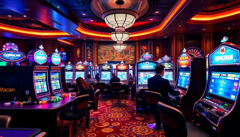 Winning players celebrate at QQMacan slot machines in a luxurious casino setting.