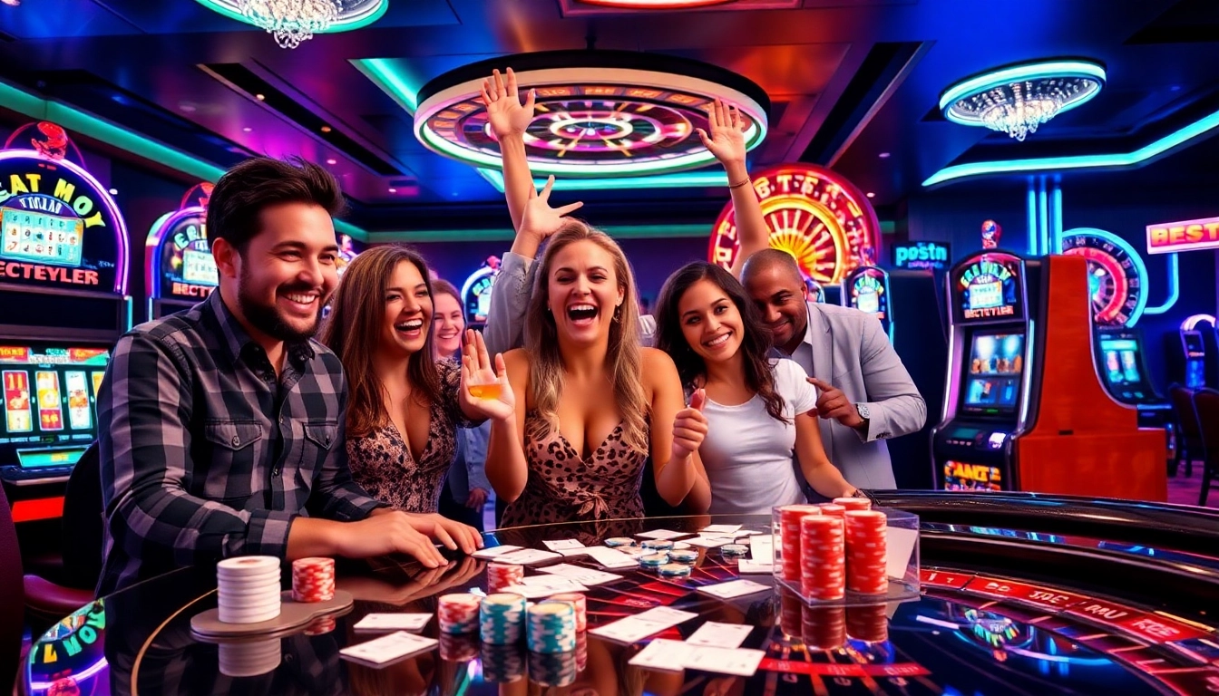 Excited players enjoying thrilling slot online apiraja88 at a luxurious casino.